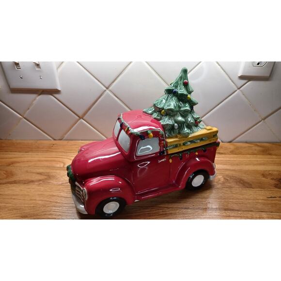 Blue Sky‎ Clayworks Ceramic Red Christmas Truck Candy Dish Cookie Jar - Picture 1 of 9